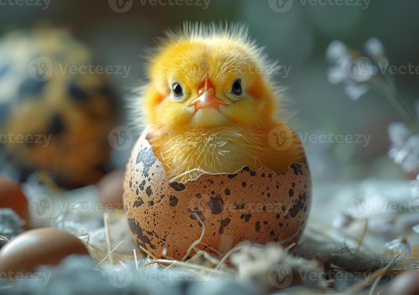 AI generated Cute little chicken and egg in the hay photo
