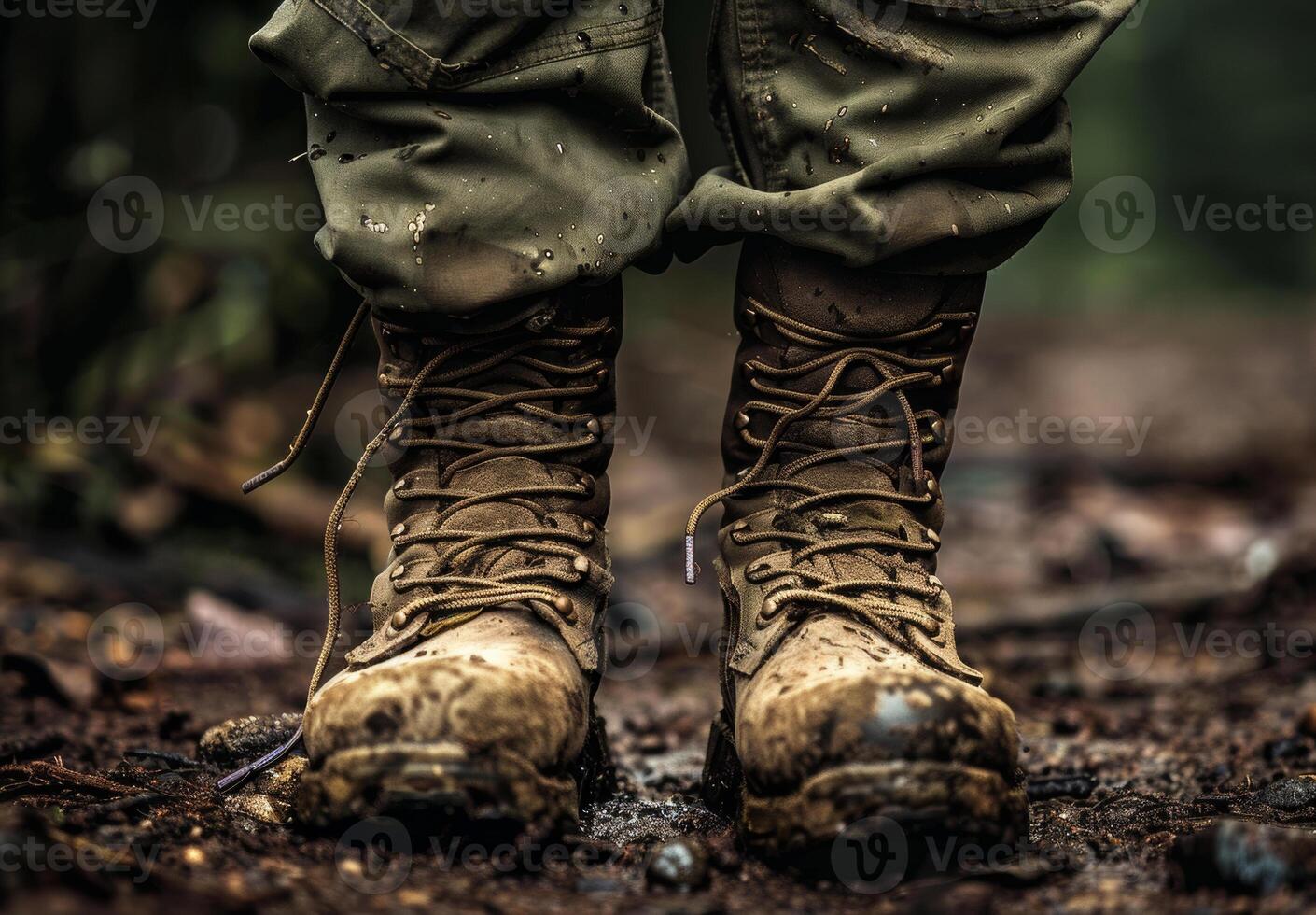 AI generated Army boots close up in the mud photo