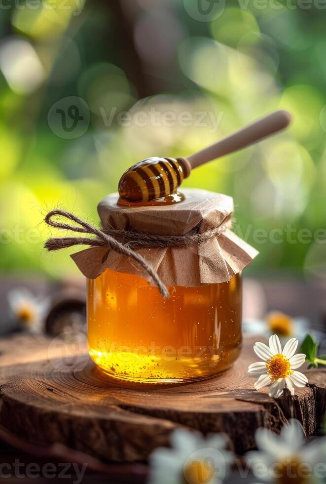 AI generated Honey jar and honey dipper on wooden table photo