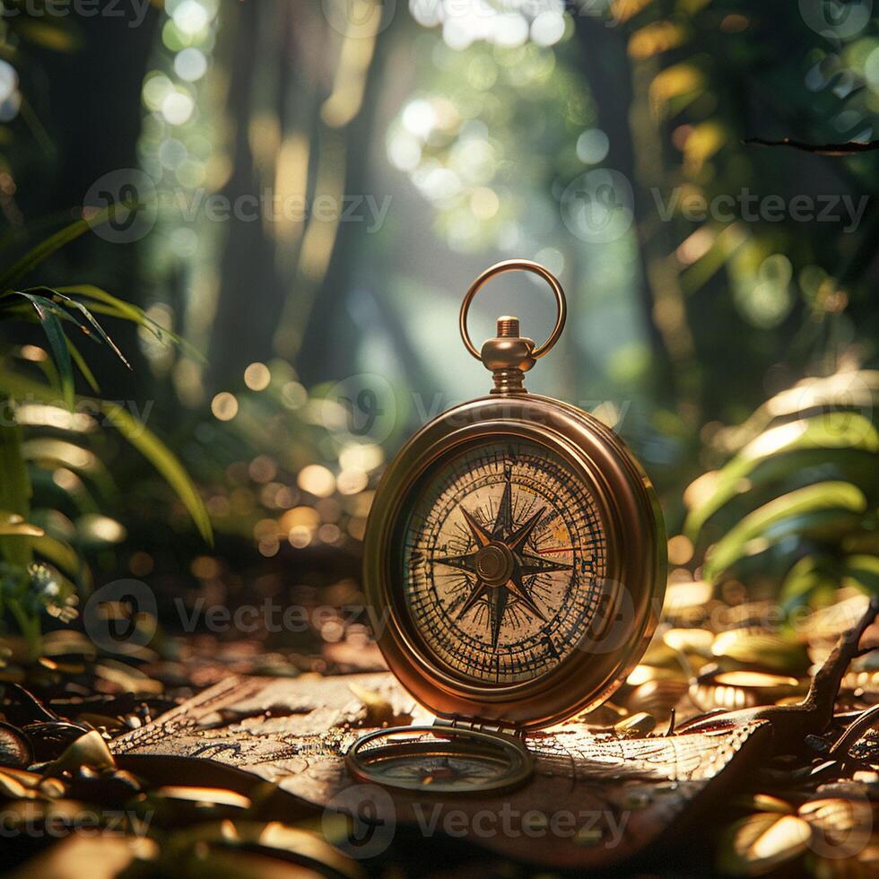 AI generated Golden compass leather map photo