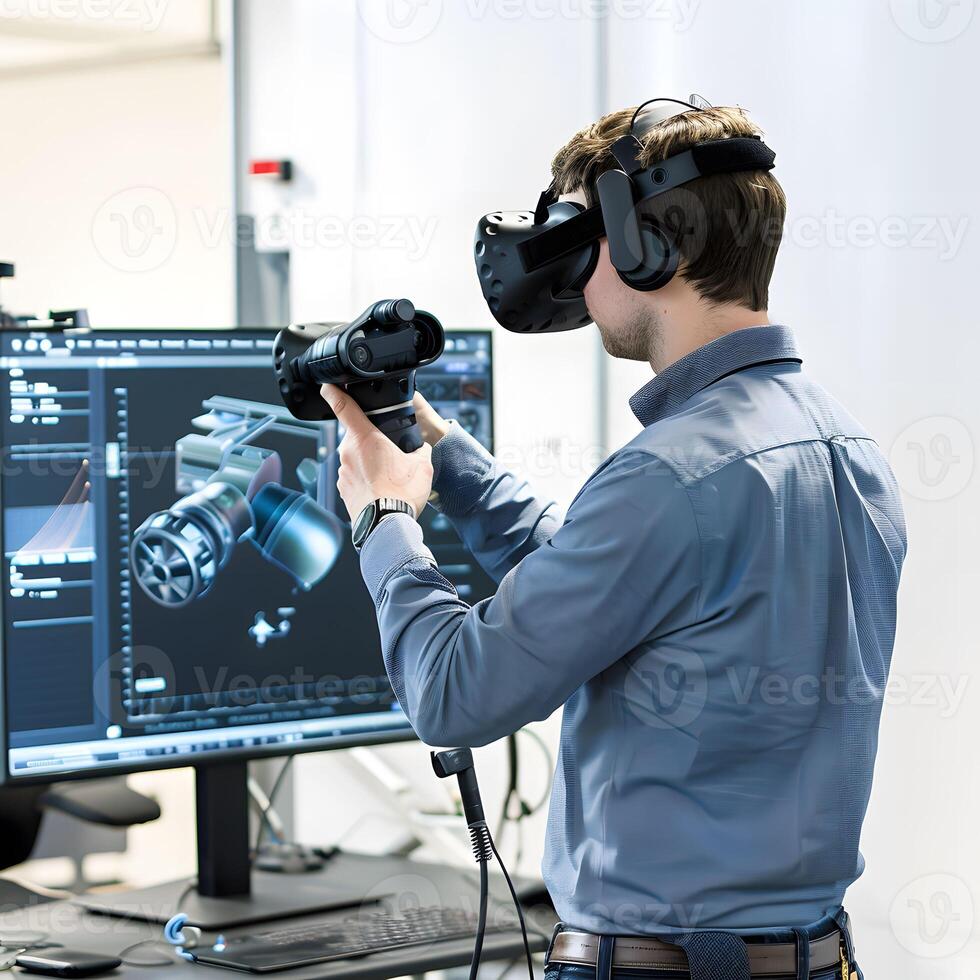 AI generated Engineer in VR simulation designing in virtual reality photo