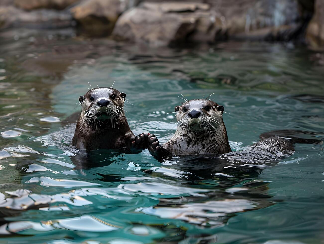 AI generated Chubby otters holding hands floating together photo