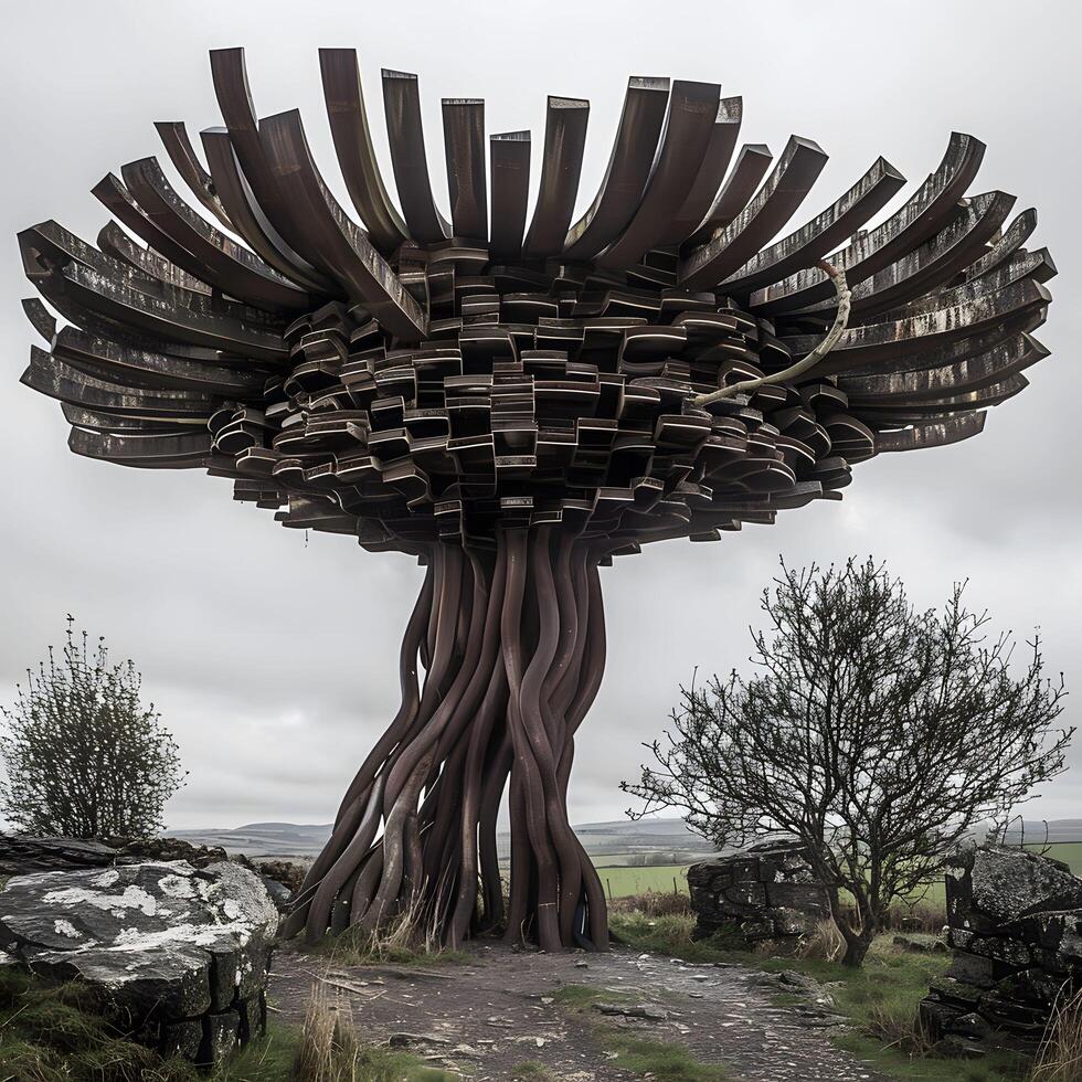 AI generated In a post apocalyptic world the Singing Ringing Tree is the last remaining source of music drawing survivors to its haunting melodies photo