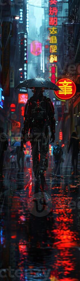 AI generated Cybernetic creature, biomechanical features, created for security, patrolling a neon-lit cityscape at night, rain pouring down, digital neon lights reflecting off wet pavement, photo