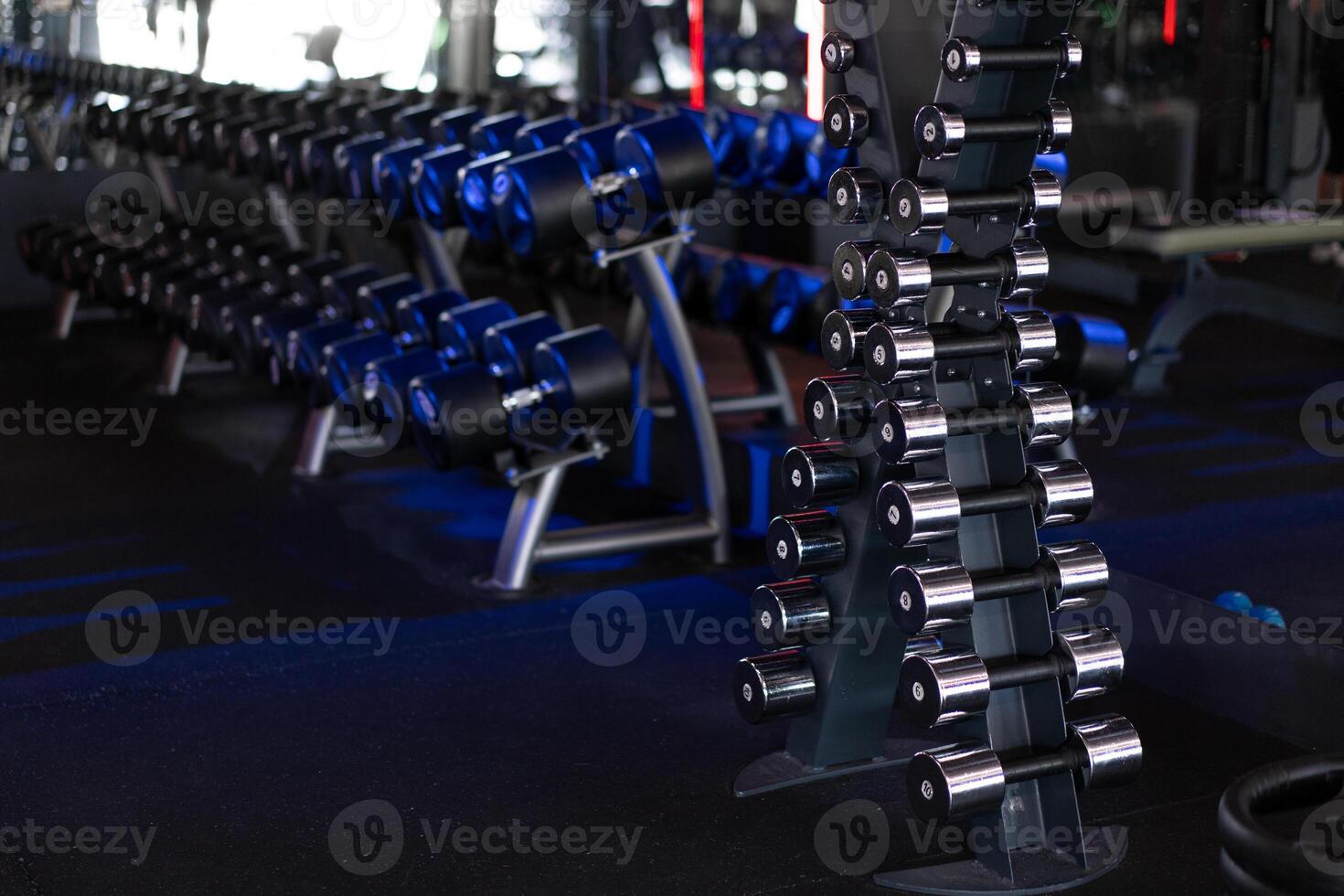 Dumbbells in a row at gym Dark toned photo