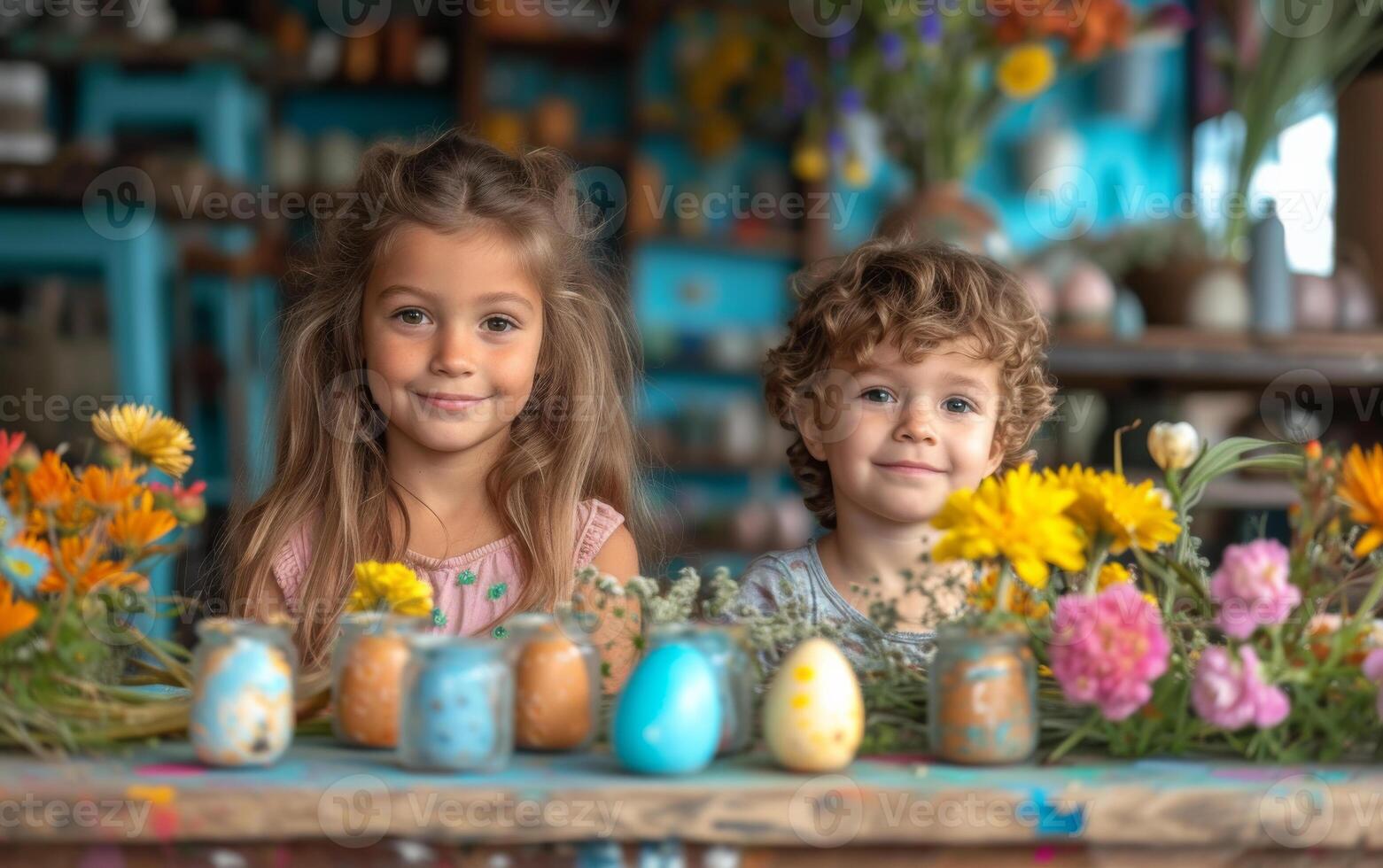 AI generated Two children sit at table with Easter eggs and flowers. photo