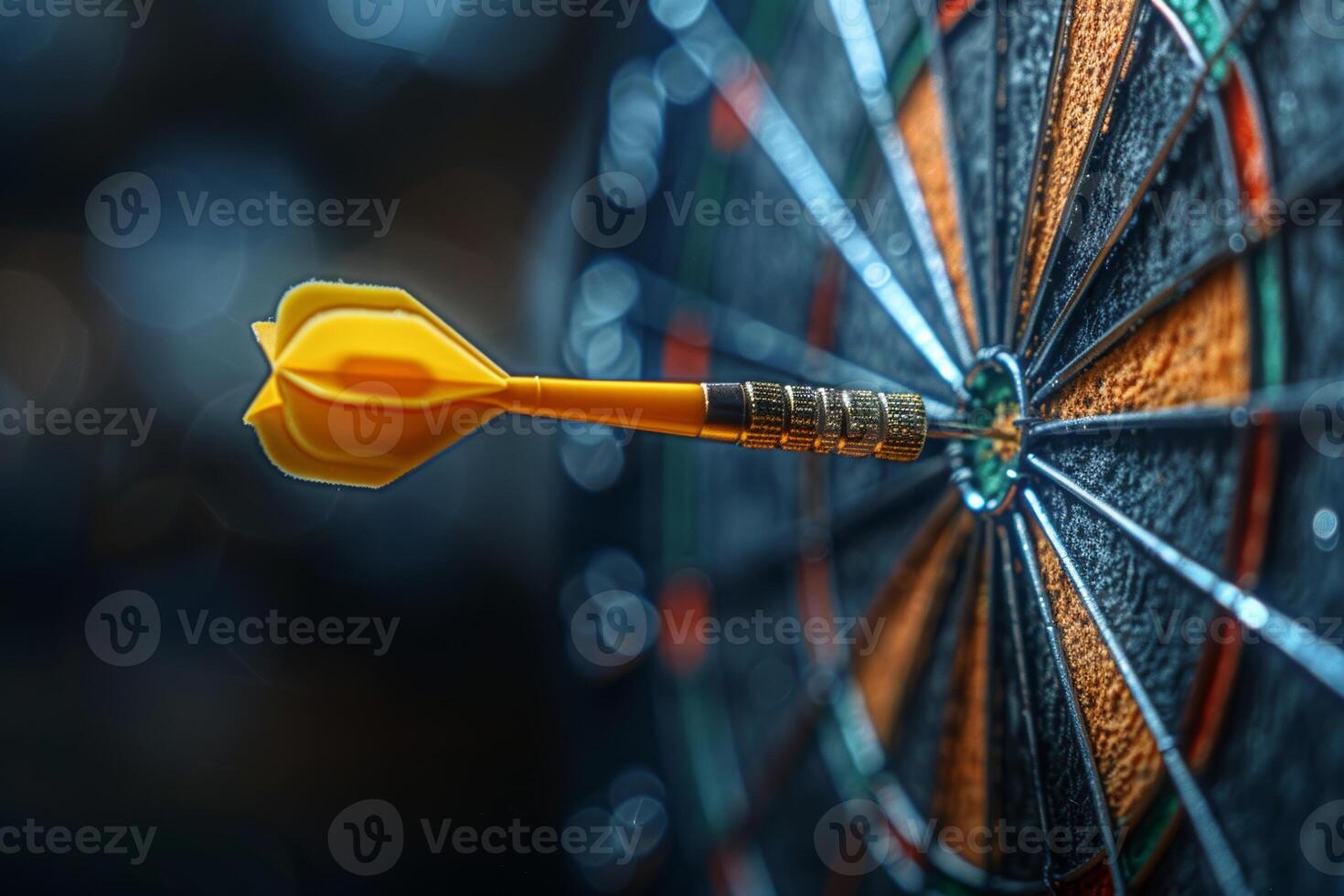 AI generated Yellow dart arrow hitting in the target center of dartboard photo