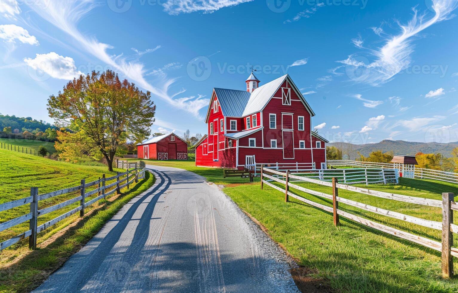AI generated Red barn and horse farm in the country side photo