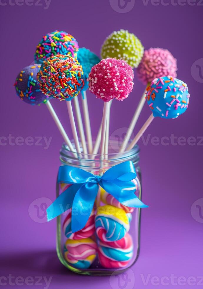 AI generated Colorful cake pops in jar and blue bow on purple background photo