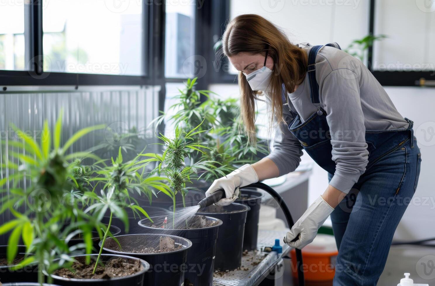 AI generated Woman waters potted cannabis plants. A woman in protective gear is watering cannabis plants with a hose photo