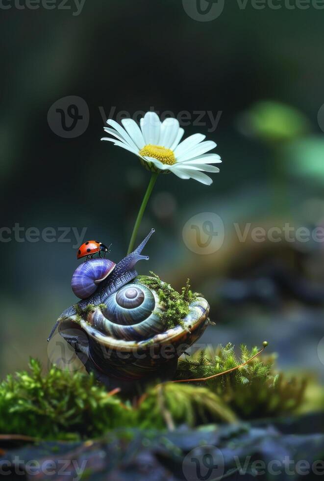 ai generado mariquita y caracol en manzanilla. un pequeño margarita flor creciente desde un cáscara foto