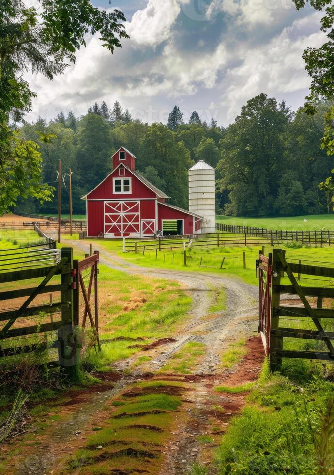 ai generado rojo granero y silo en granja en el rural foto