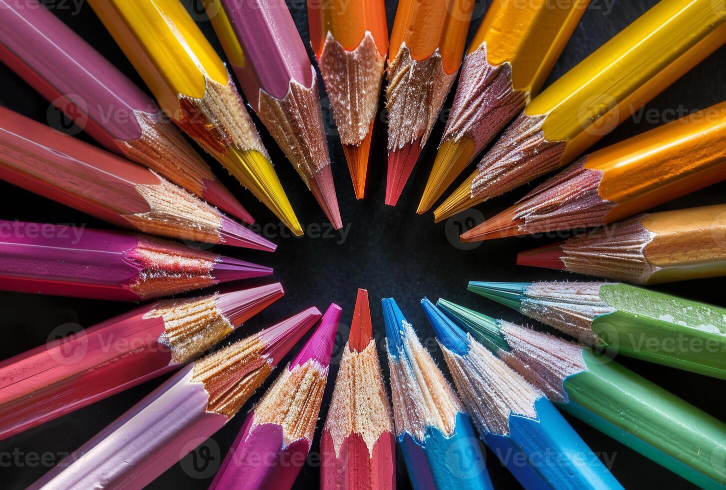 AI generated Colored pencils in circle. A multicolored pencils arranged photo