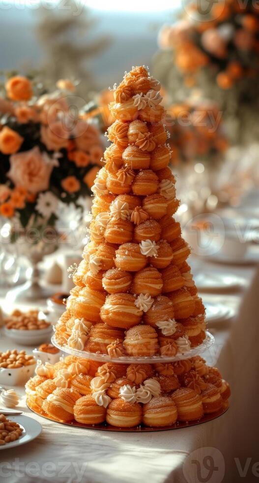 ai generado pirámide de Profiteroles soportes en el mesa foto