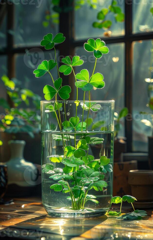 AI generated Glass vase is filled with water and green plants. A shamrock leaves. photo