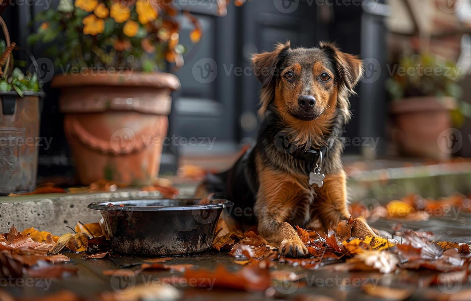 AI generated Dog sitting on the porch with bowl photo