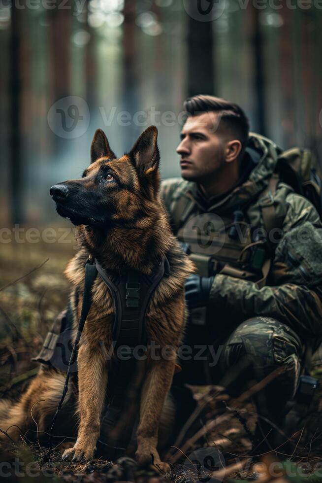 AI generated Military soldier and dog in the forest photo