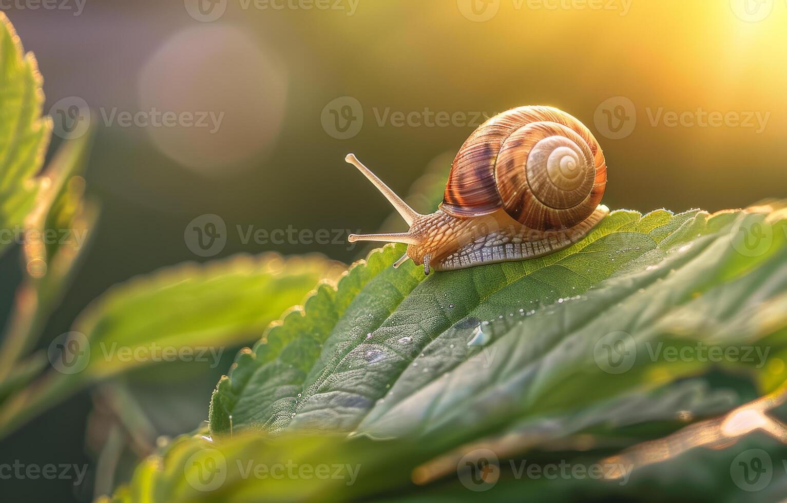 AI generated Snail crawling on green leaf in the morning photo