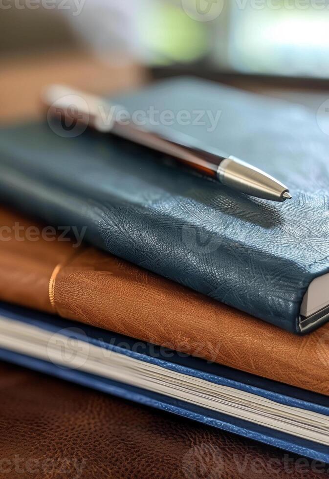 AI generated Pen rests on top of leather-bound notebook photo