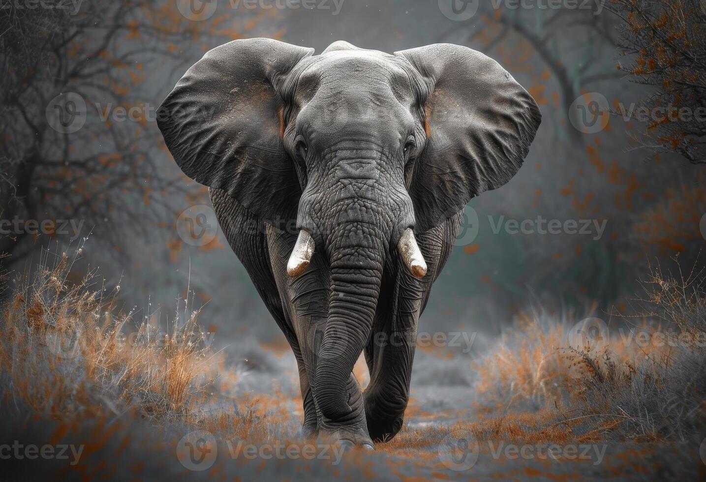 AI generated Elephant walking in the wild. A elephant walking towards the camera in forest photo