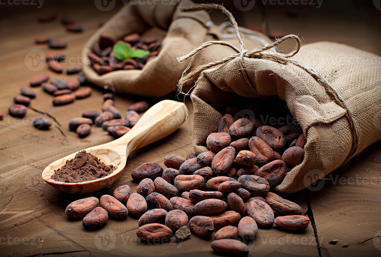 AI generated Cocoa beans in bag. Cacao is mainly made from cacao beans photo