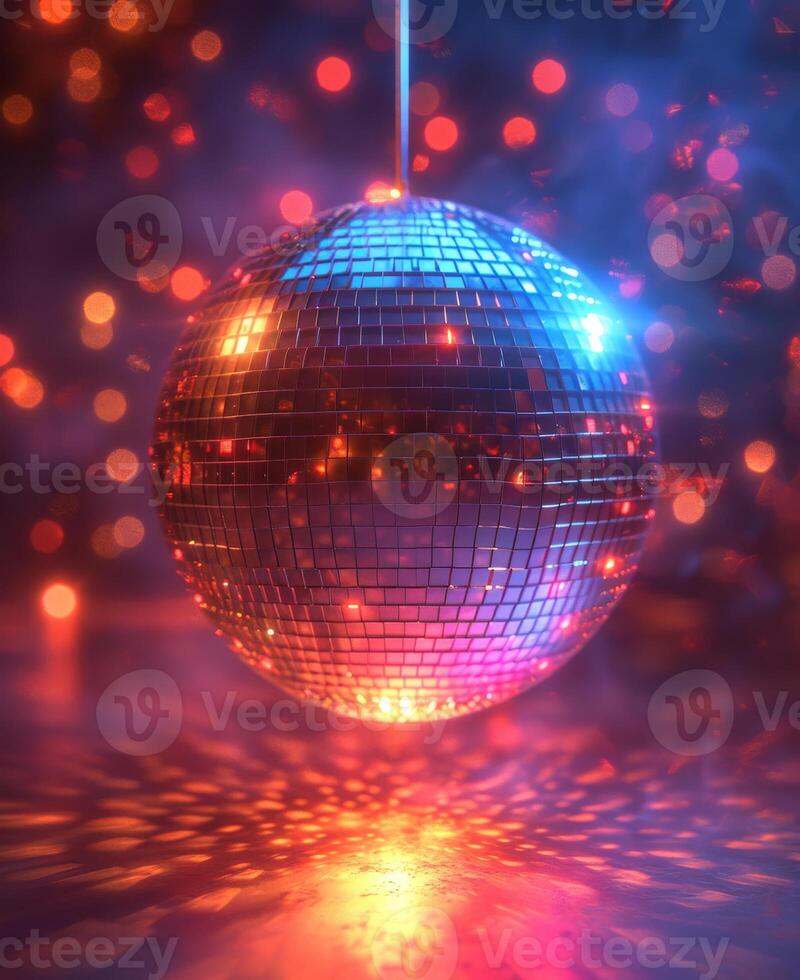 AI generated Mirror ball. A mirror disco ball on bokeh lights background photo