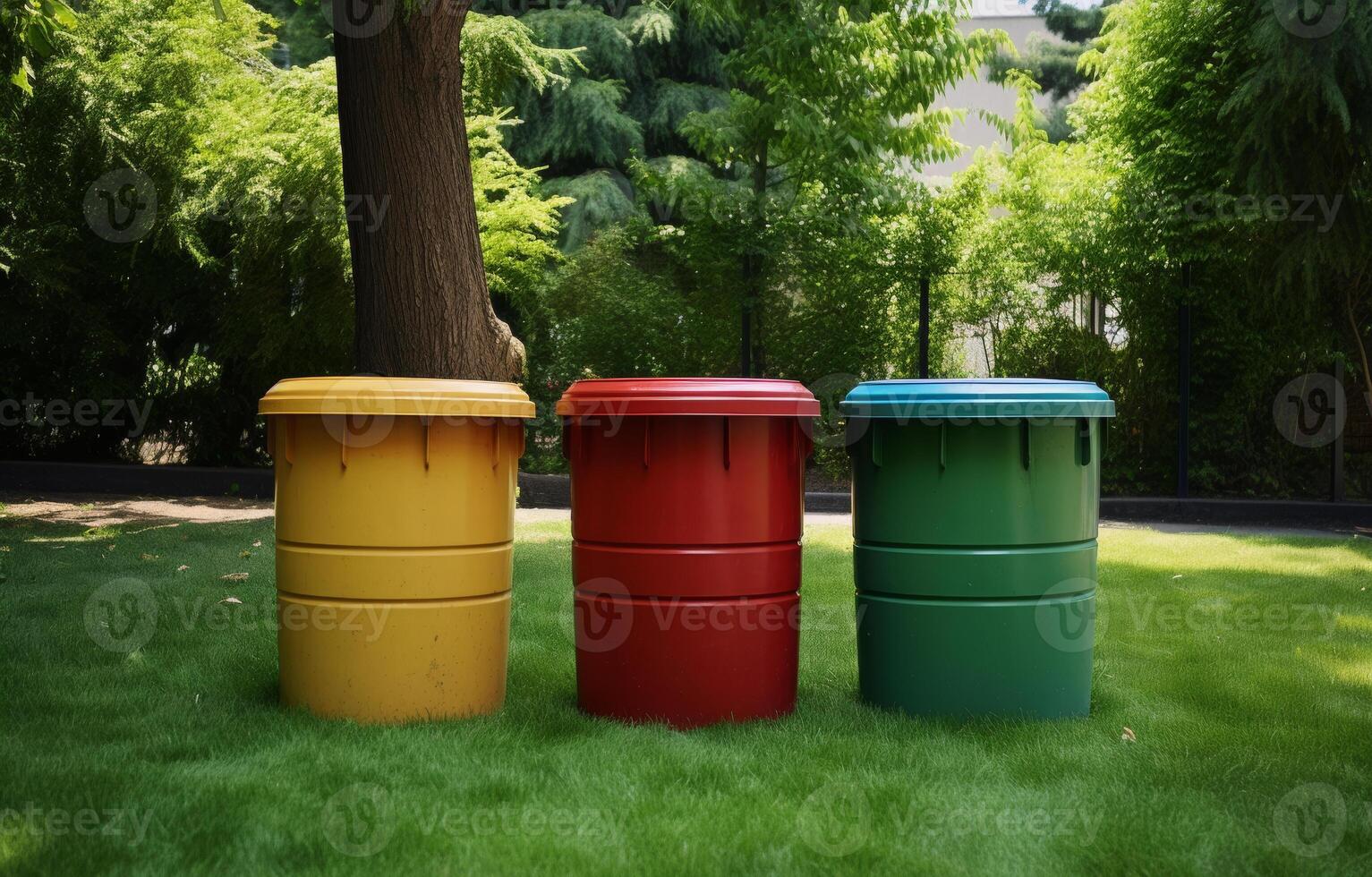 AI generated Three multi colored plastic garbage cans stand on the green grass in the park. photo