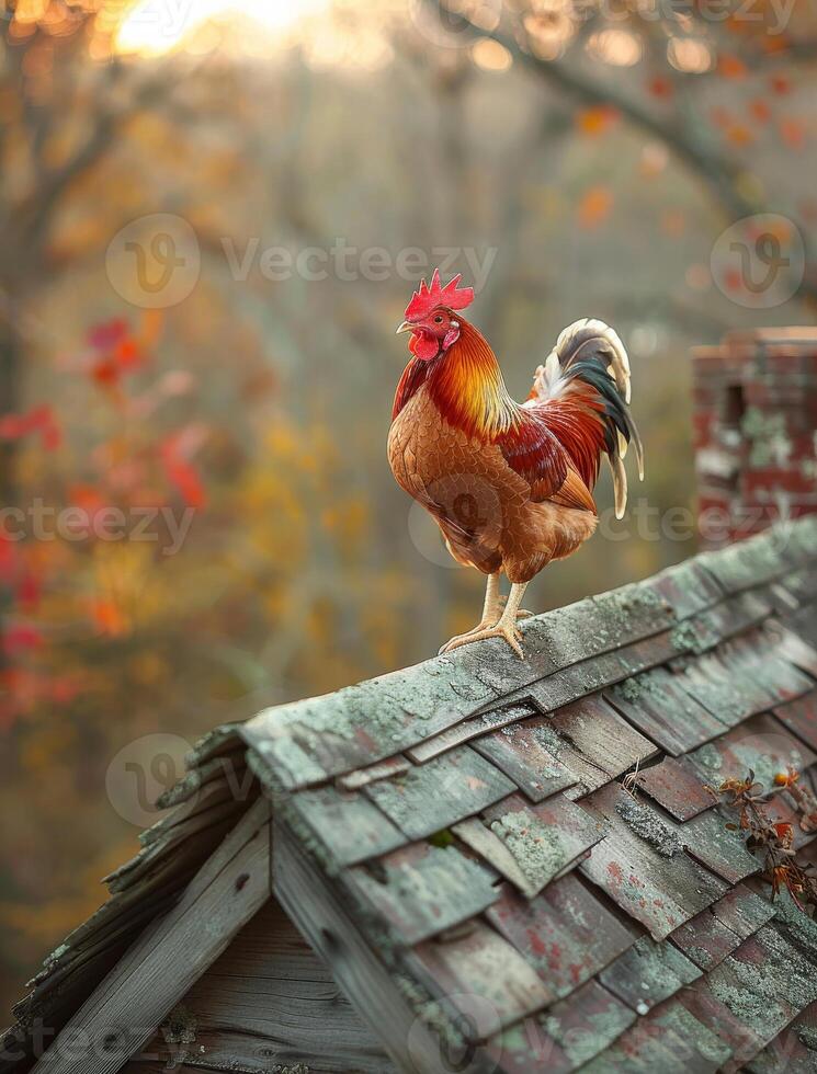 AI generated Rooster standing on roof in the morning photo