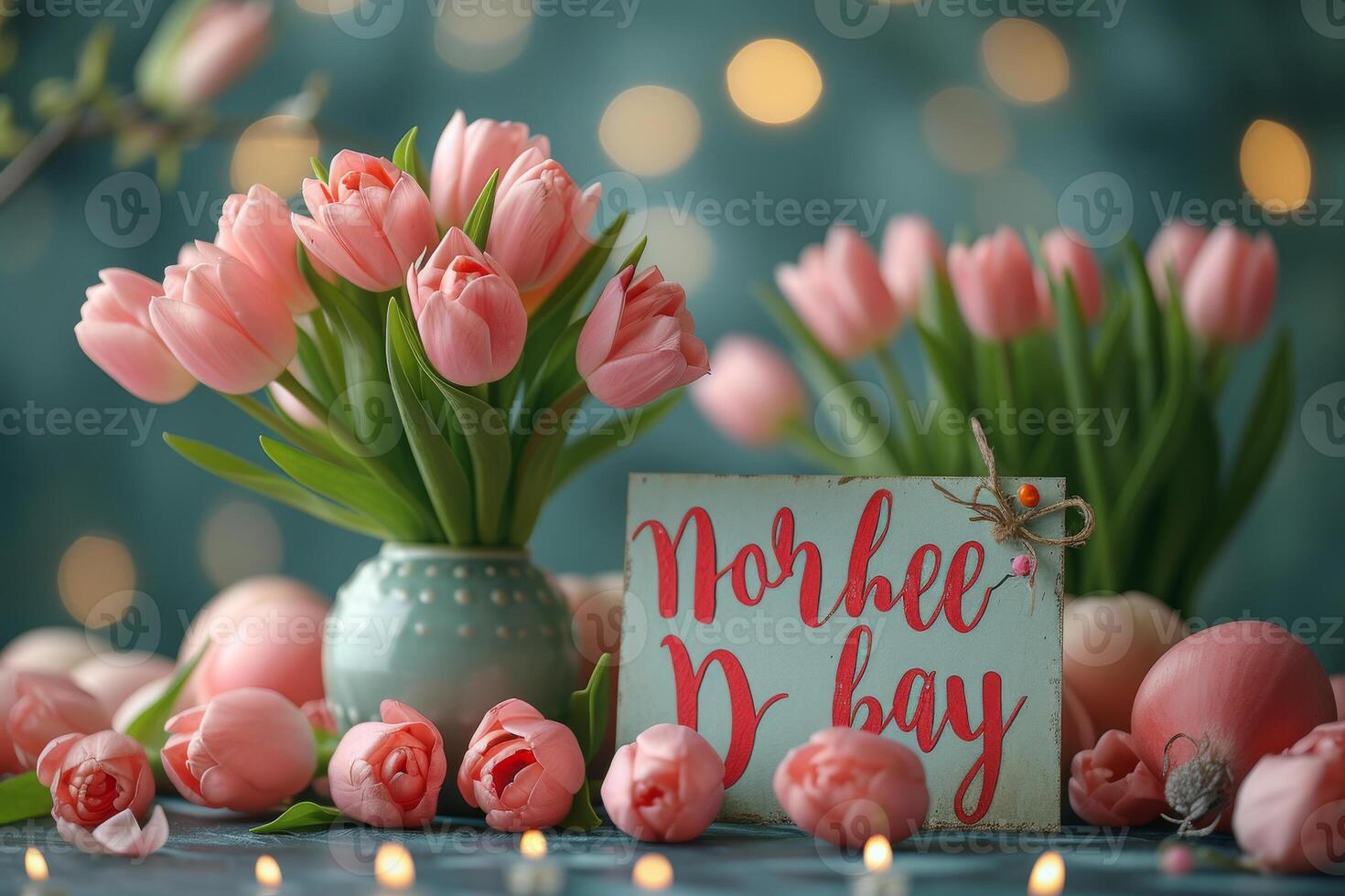 AI generated Pink tulips and card with the inscription photo