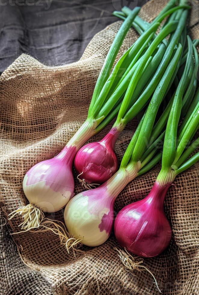 AI generated Fresh spring onions and green onions on wooden background photo