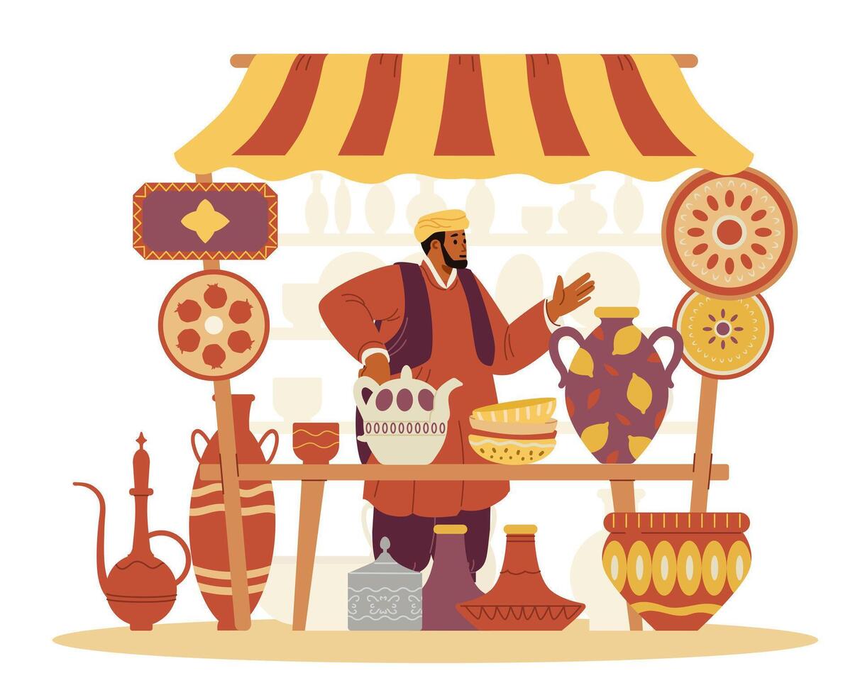 Middle Eastern pottery street shop with seller flat vector illustration isolated on white.