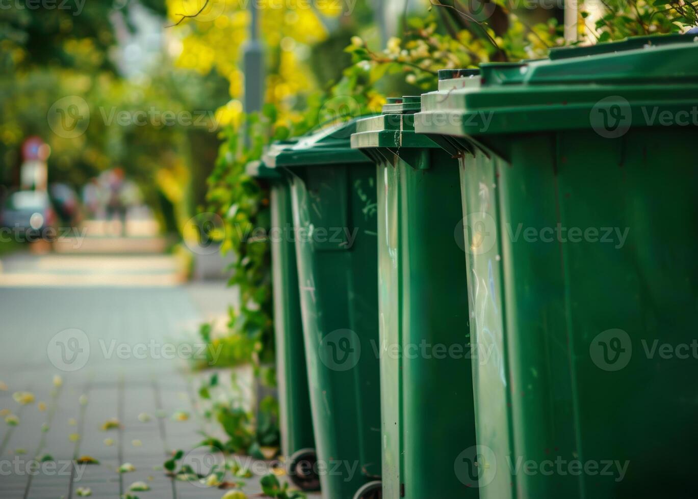 AI generated Green garbage bins are lined up along sidewalk. photo