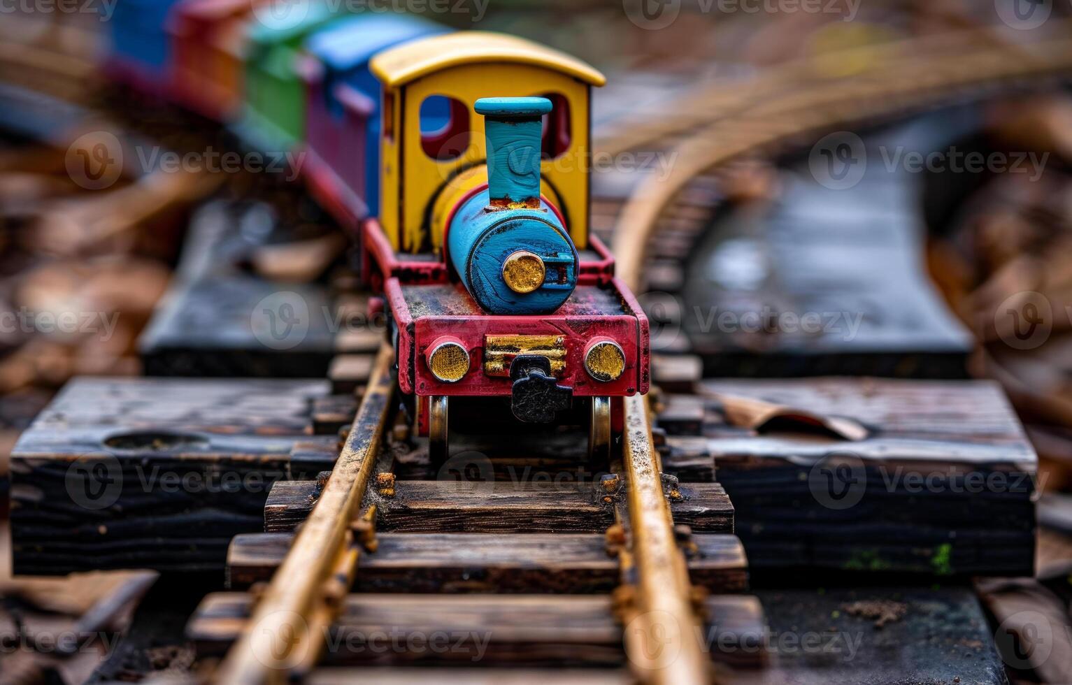 AI generated Toy train moving on the railroad. An old train track with a colorful wooden toy train on it photo