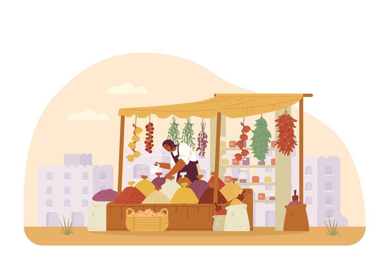 Middle Eastern traditional spices and herbs street shop with woman seller and ancient city at the background flat vector illustration.