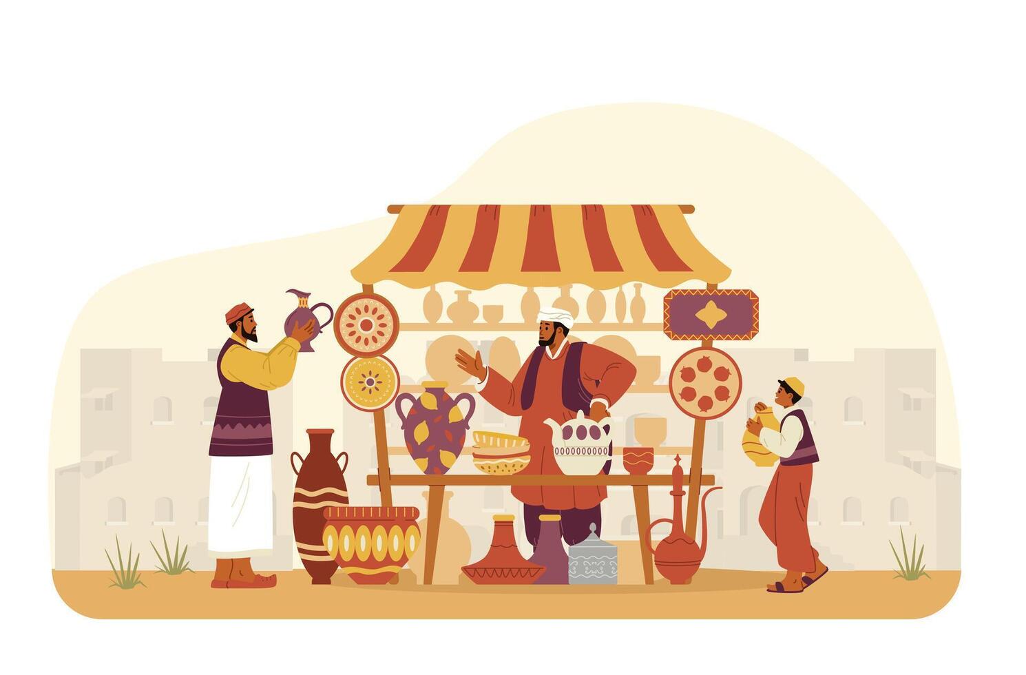 Middle Eastern pottery street shop with seller and buyers and ancient city at the background flat vector illustration. Man buying ceramics at the market.