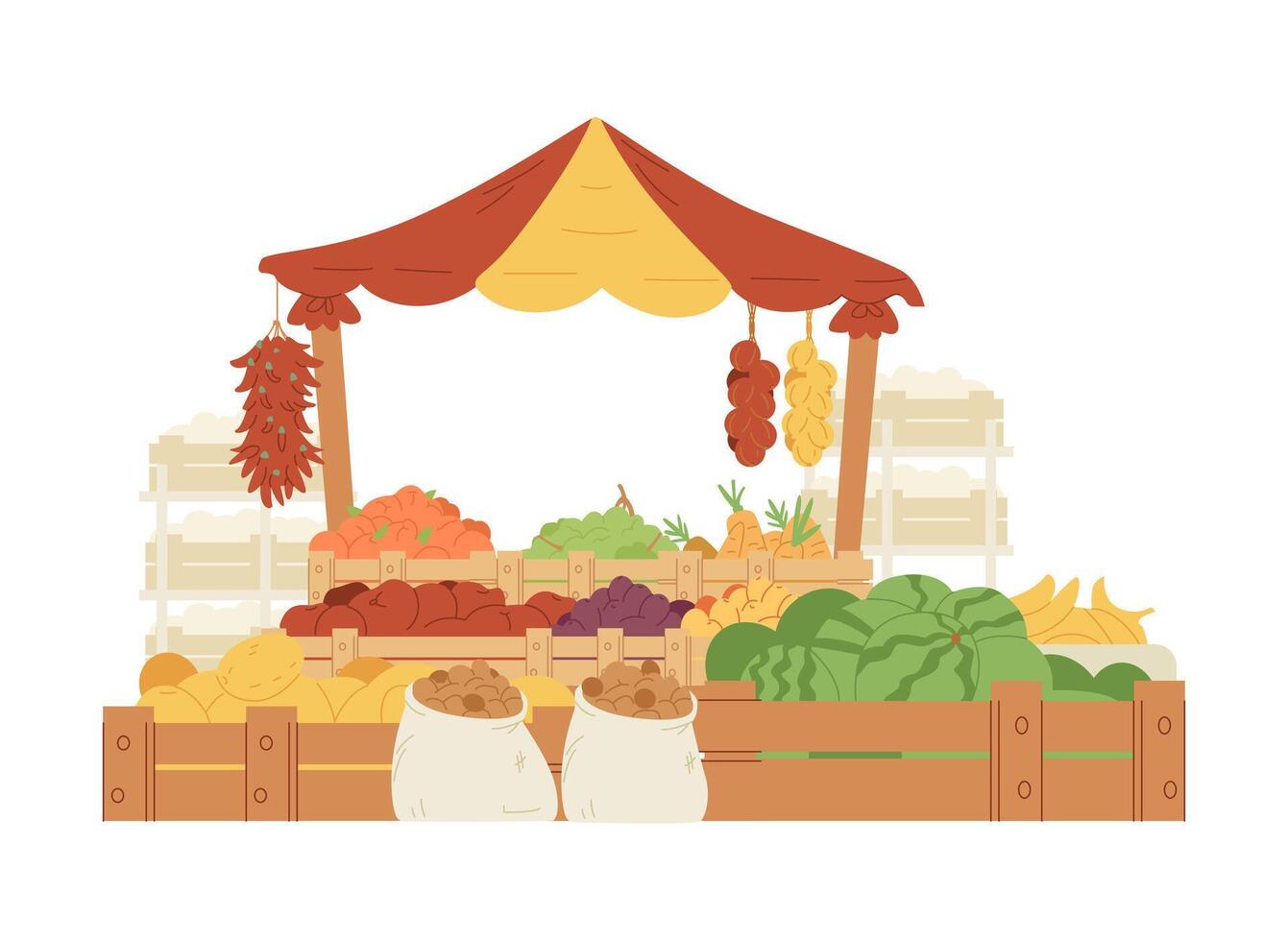 Fruits and vegetables street stall flat vector illustration isolated on white. Green grocery street shop.