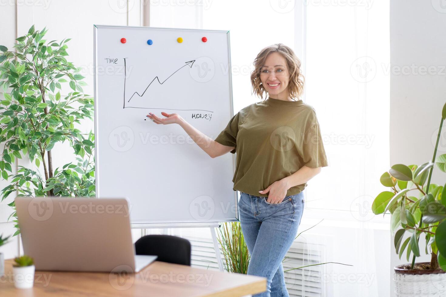 Online flipchart presentation in the office, webinar, online meeting. Young business woman speaks to the audience video call, video connection photo