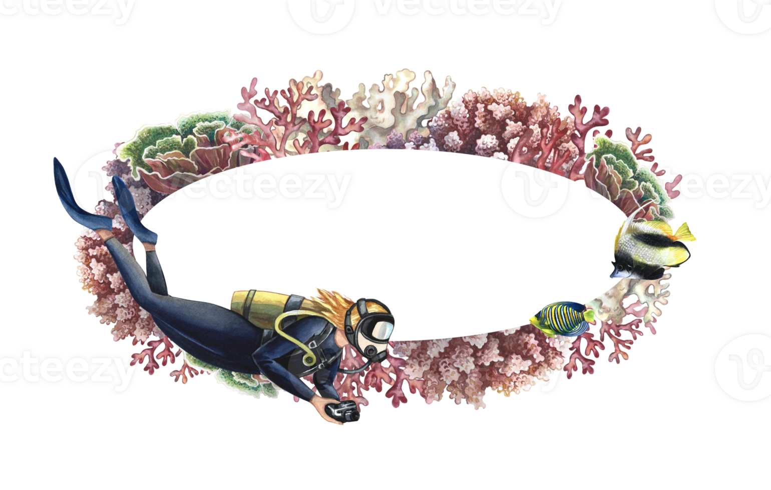 Oval frame with a female diver, corals, a sea turtle and fish. Hand-painted watercolor painting. Aquarium, tropics, reefs. For labels, business cards and packaging, postcard and flyer, label template png