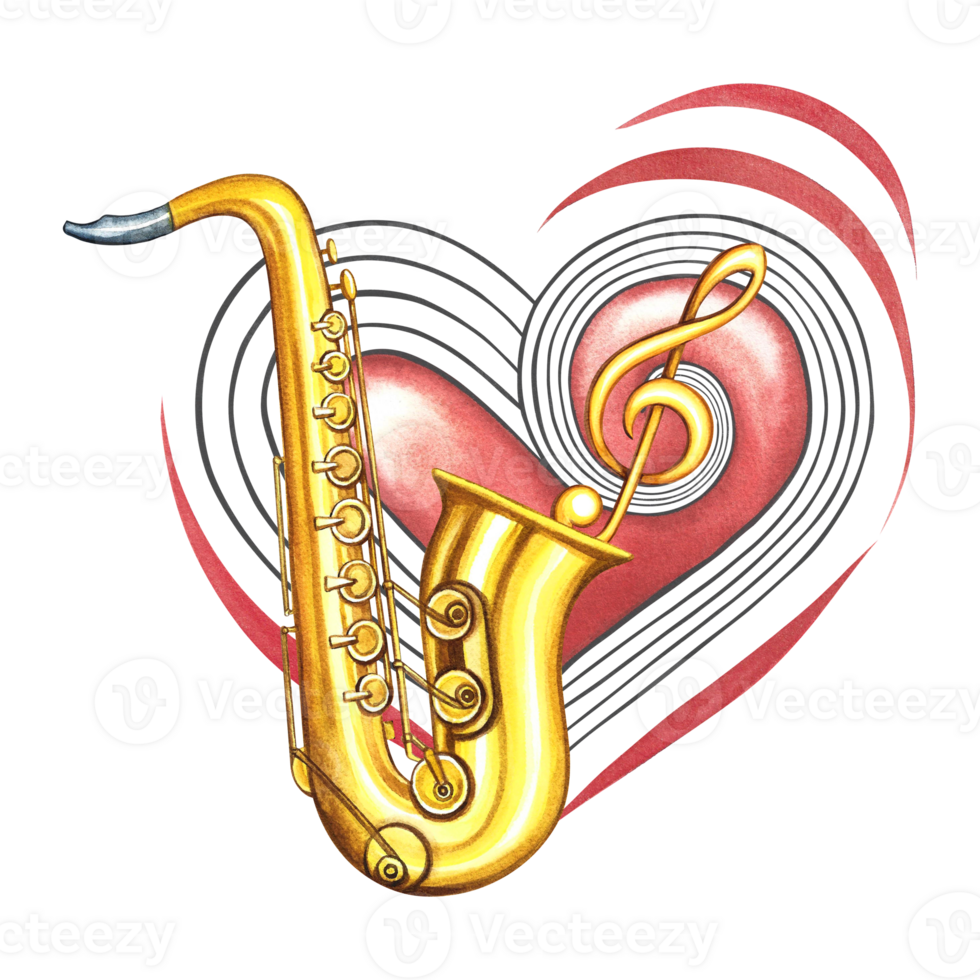 A golden saxophone on the background of a red musical heart with a treble clef. The watercolor illustration is hand-drawn. For logos, badges, stickers and prints. For postcards, business cards, flyer. png