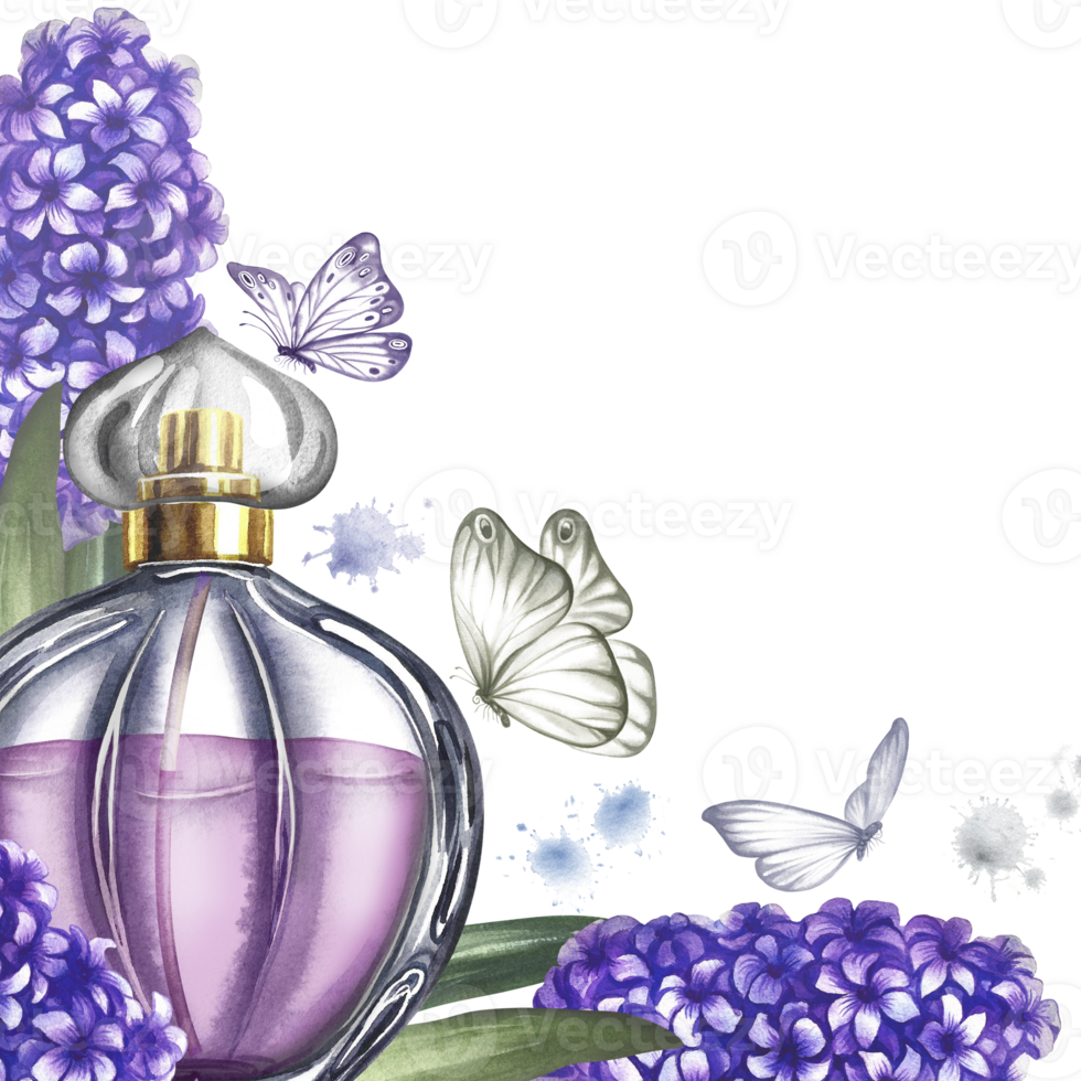 A frame with a perfume bottle made of transparent glass with hyacinth flowers. Vintage purple perfume. A hand-drawn watercolor illustration. For packaging, postcards and labels. For banners, flyers. png