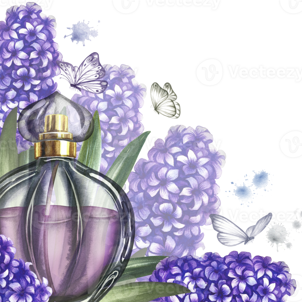 A frame with a perfume bottle made of transparent glass with hyacinth flowers. Vintage purple perfume. A hand-drawn watercolor illustration. For packaging, postcards and labels. For banners, flyers. png