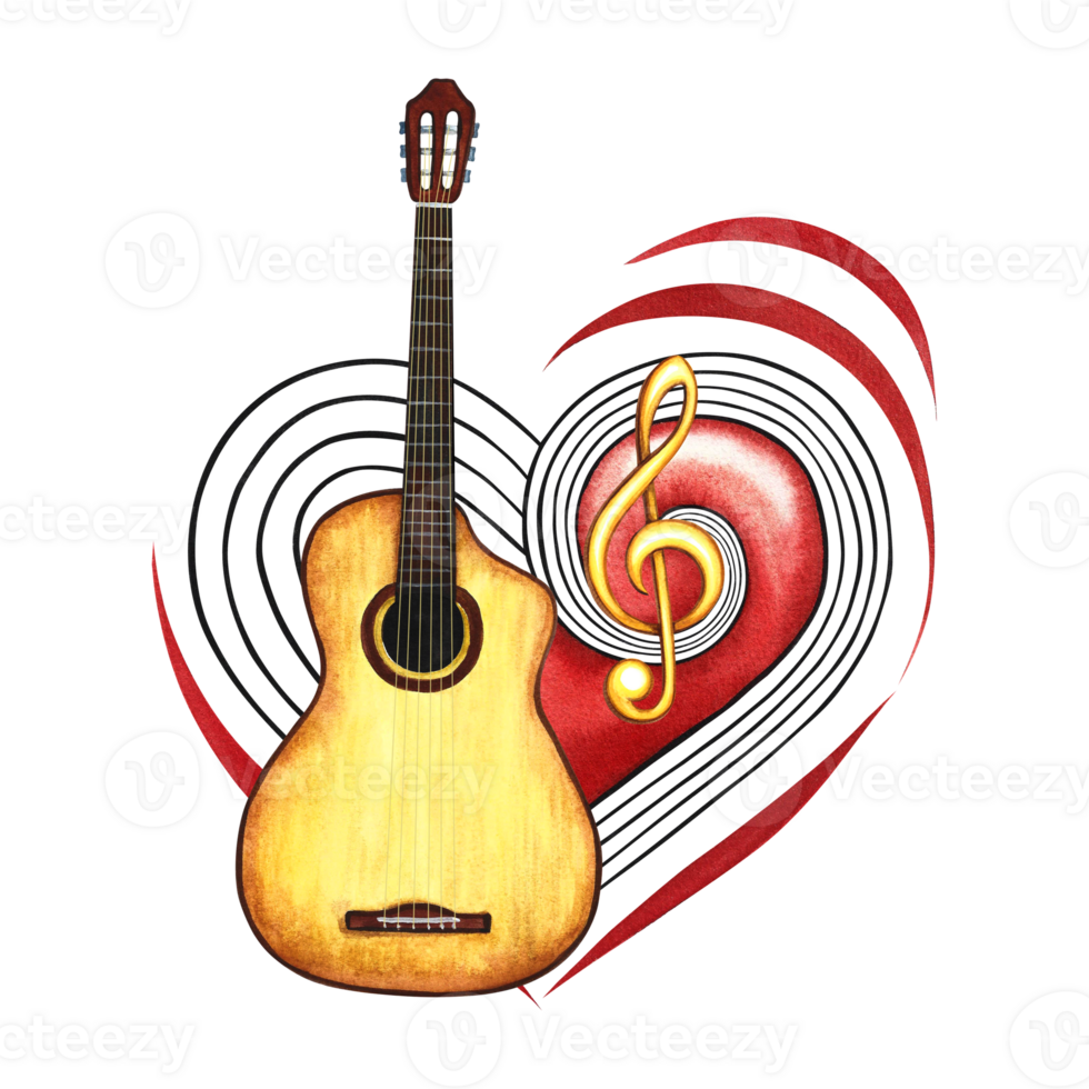 A six-string guitar on the background of a red musical heart with a treble clef. The watercolor illustration is hand-drawn. For logos, badges, stickers and prints. For postcards, business card, flyer png