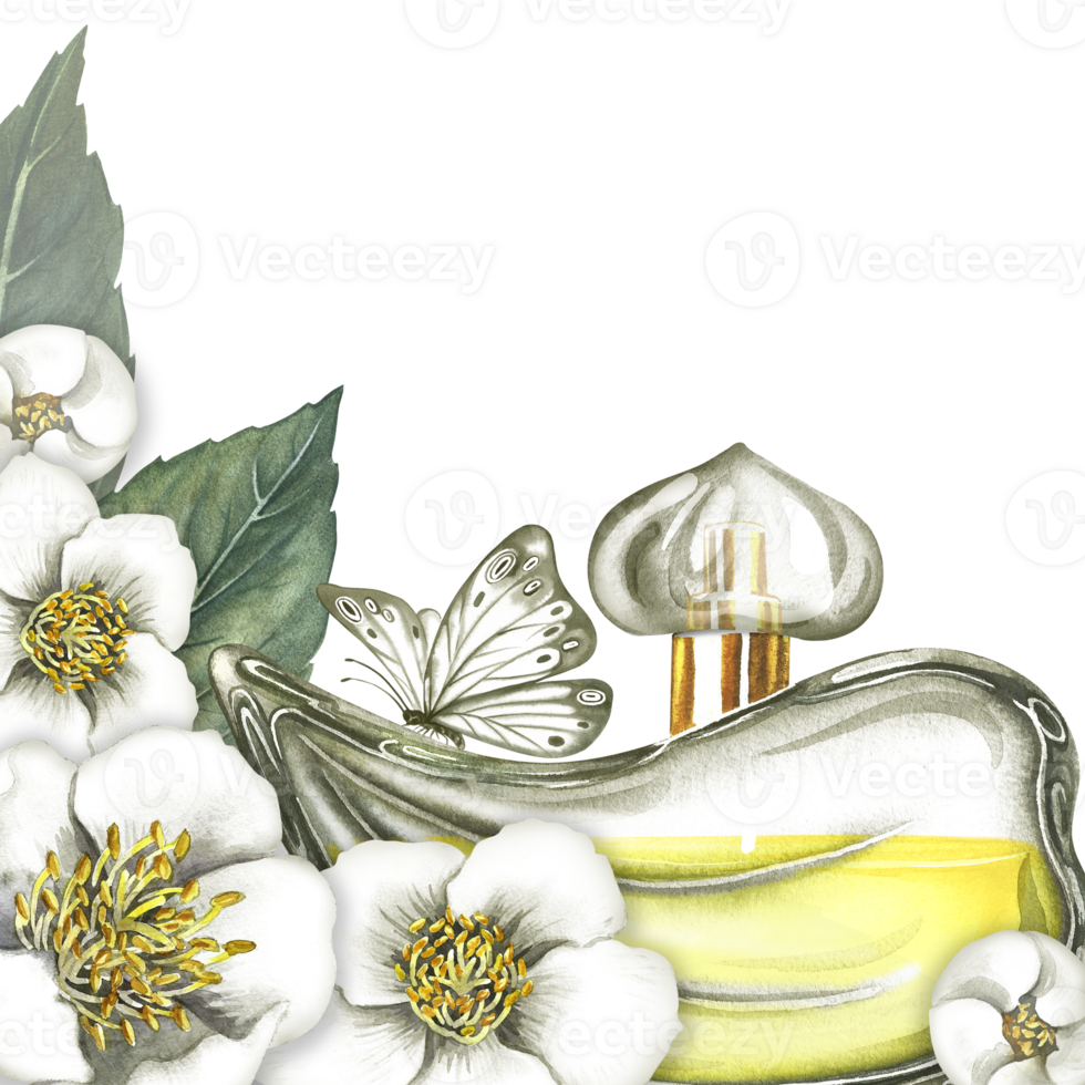 un marco con un perfume botella hecho de transparente vaso con jazmín flores y un mariposa. Clásico amarillo perfume. dibujado a mano acuarela ilustración. para embalaje, postales y etiquetas, carteles png
