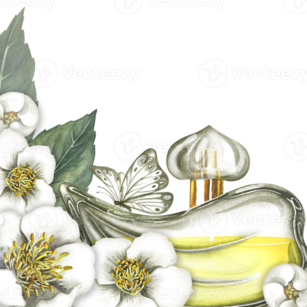 A frame with a perfume bottle made of transparent glass with jasmine flowers and a butterfly. Vintage yellow perfume. Hand-drawn watercolor illustration. For packaging, postcards and labels, posters. png