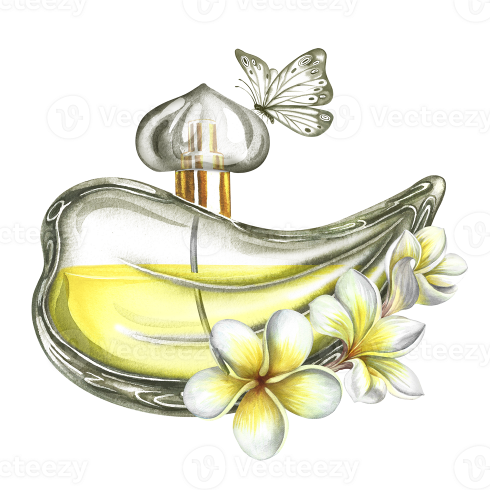 A perfume bottle made of transparent glass with plumeria and frangipani flowers, with a butterfly. Vintage yellow perfume. Hand-drawn watercolor illustration. For packaging, postcards and labels. png