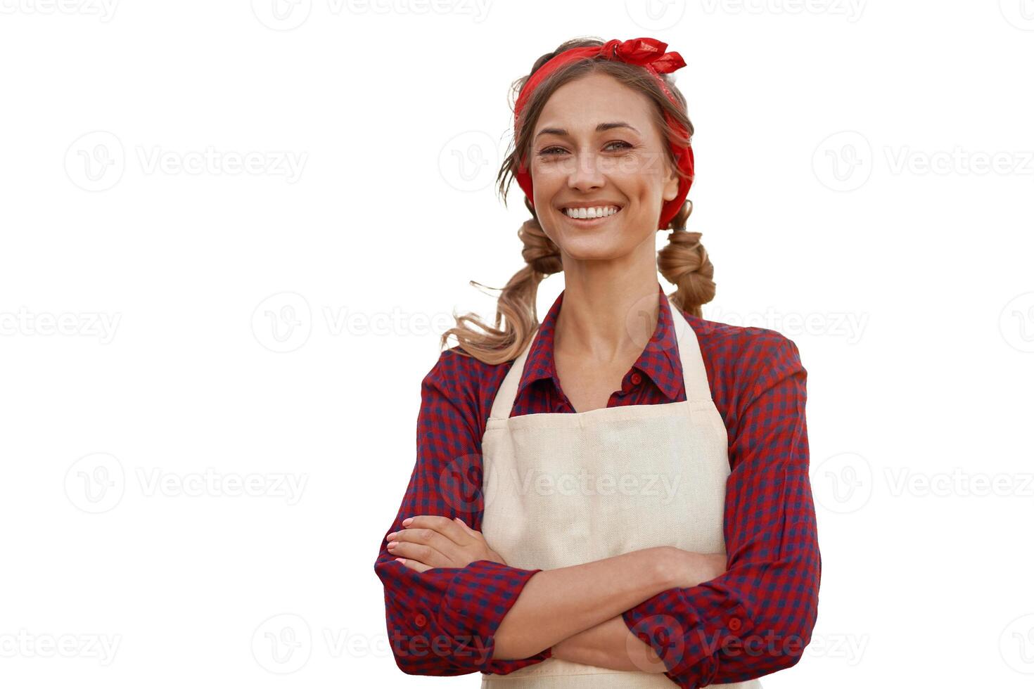 Woman dressed apron white background Caucasian middle age  female business owner in uniform photo