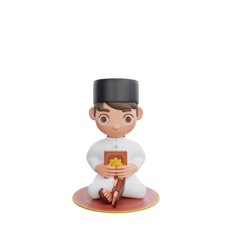 3D Illustration of Muslim character sitting while hugging the Quran png