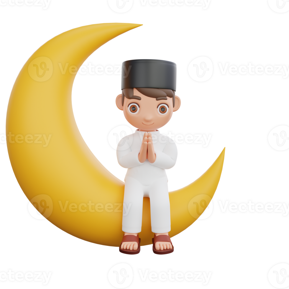 3D Illustration of Muslim character with the gesture of Salam sitting on the crescent moon png