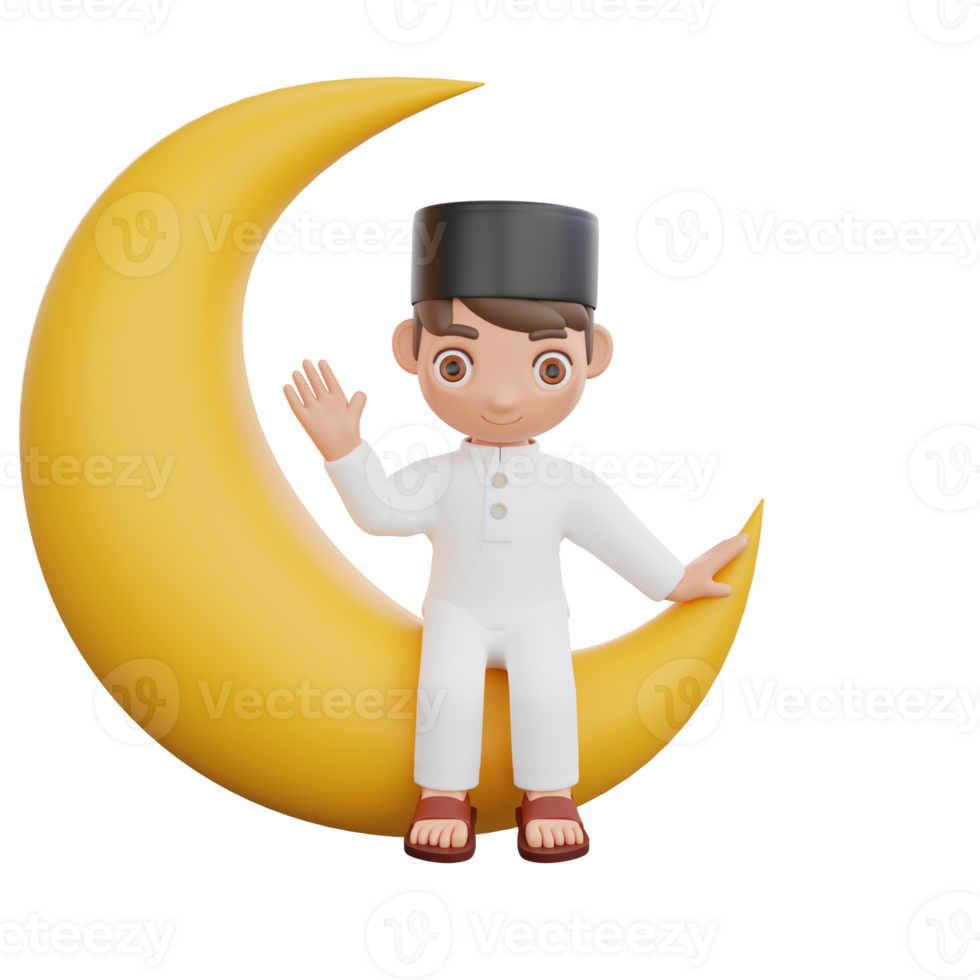 3D Illustration of Muslim character waving hand while sitting on a crescent moon png