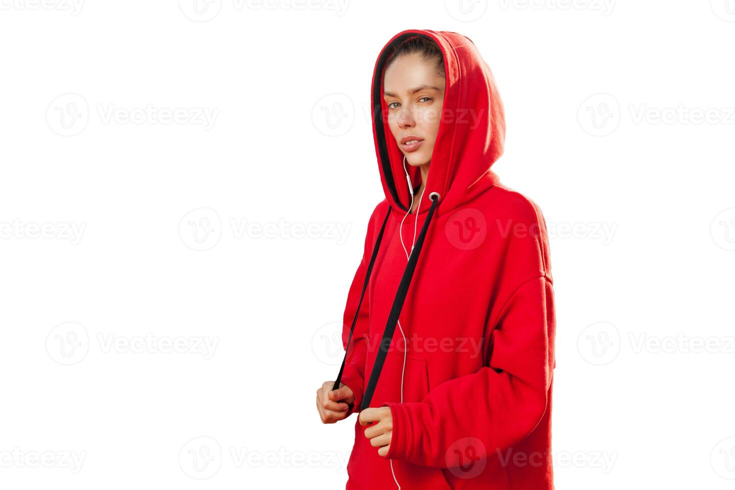 Beautiful caucasian sporty woman to trendy red hoodie photo